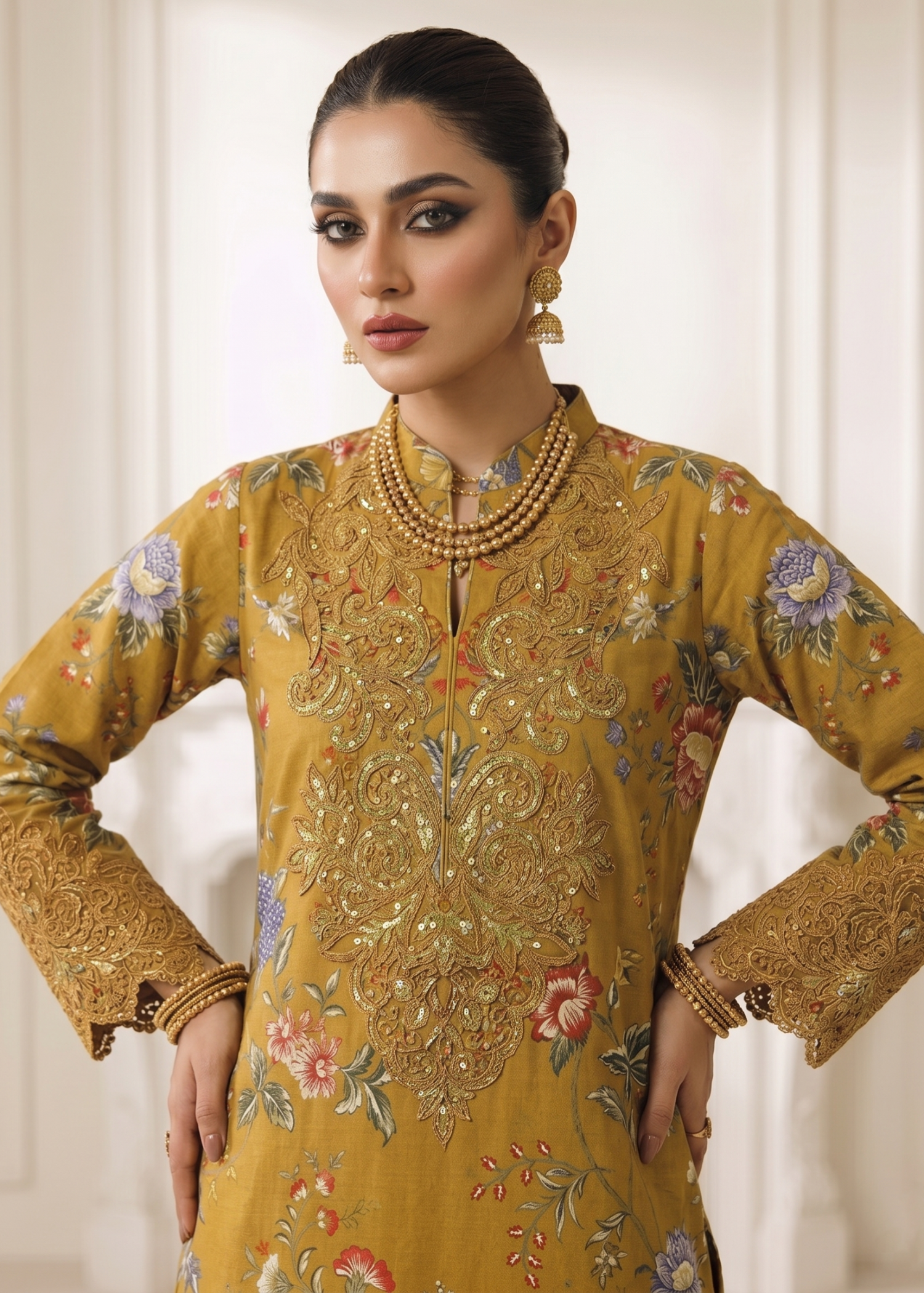 Mustard Embroidered Lawn 3 Piece Dress Online in Dubai UAE Abudhabi Ajman Sharjah