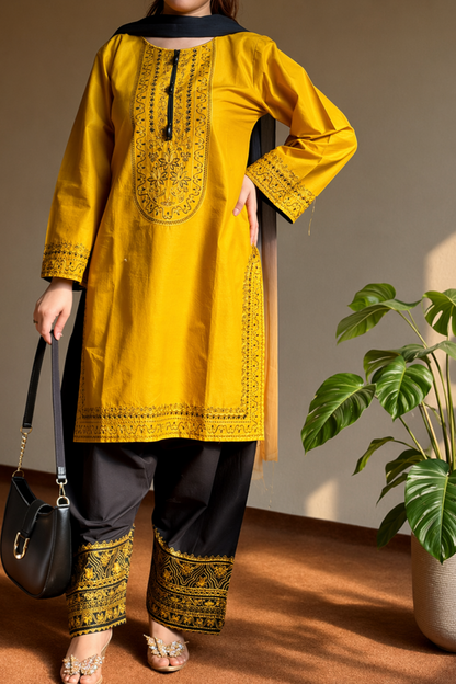 Mustard Embroidered Lawn Farshi Shalwar Suit Online in Dubai UAE Abudhabi Ajman Sharjah