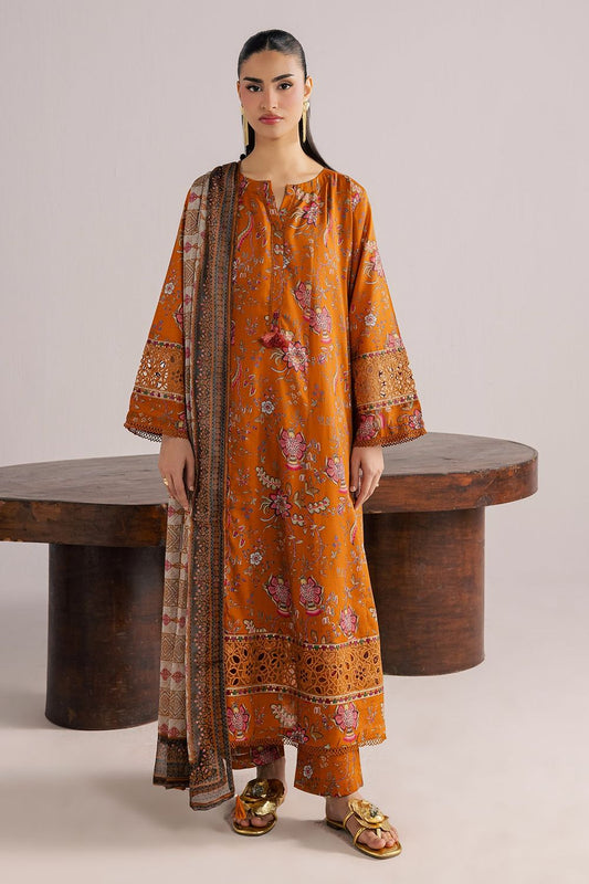 Mustard Embroidered Lawn Kurta Set with Chiffon Dupatta Online in Dubai UAE Abudhabi Ajman Sharjah