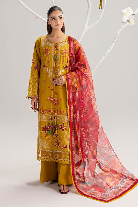 Mustard Embroidered Lawn Kurta Set with Organza Dupatta Online in Dubai UAE Abudhabi Ajman Sharjah