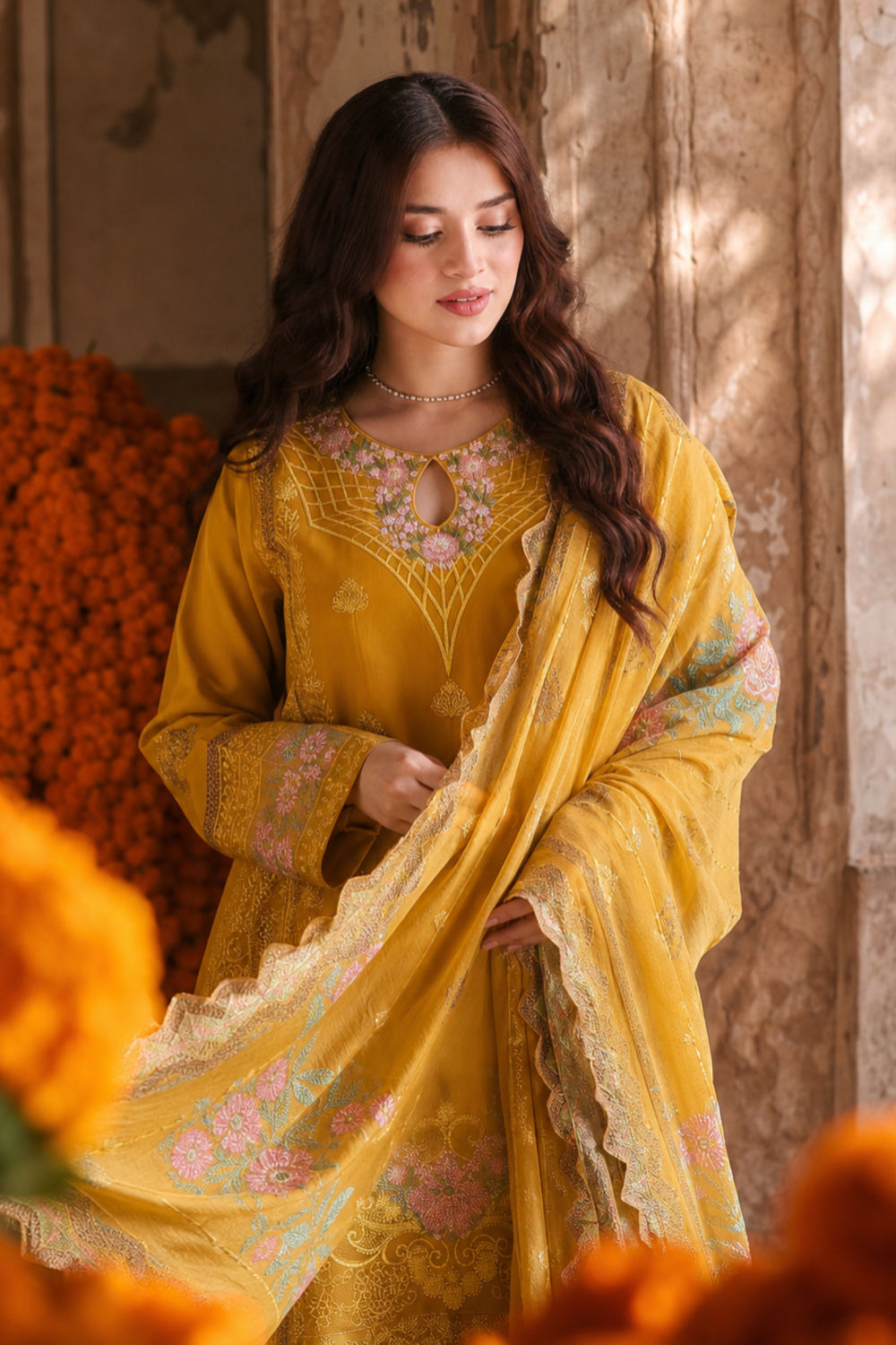Mustard Embroidered Lawn Pakistani Suit Online in Dubai UAE Abudhabi Ajman Sharjah