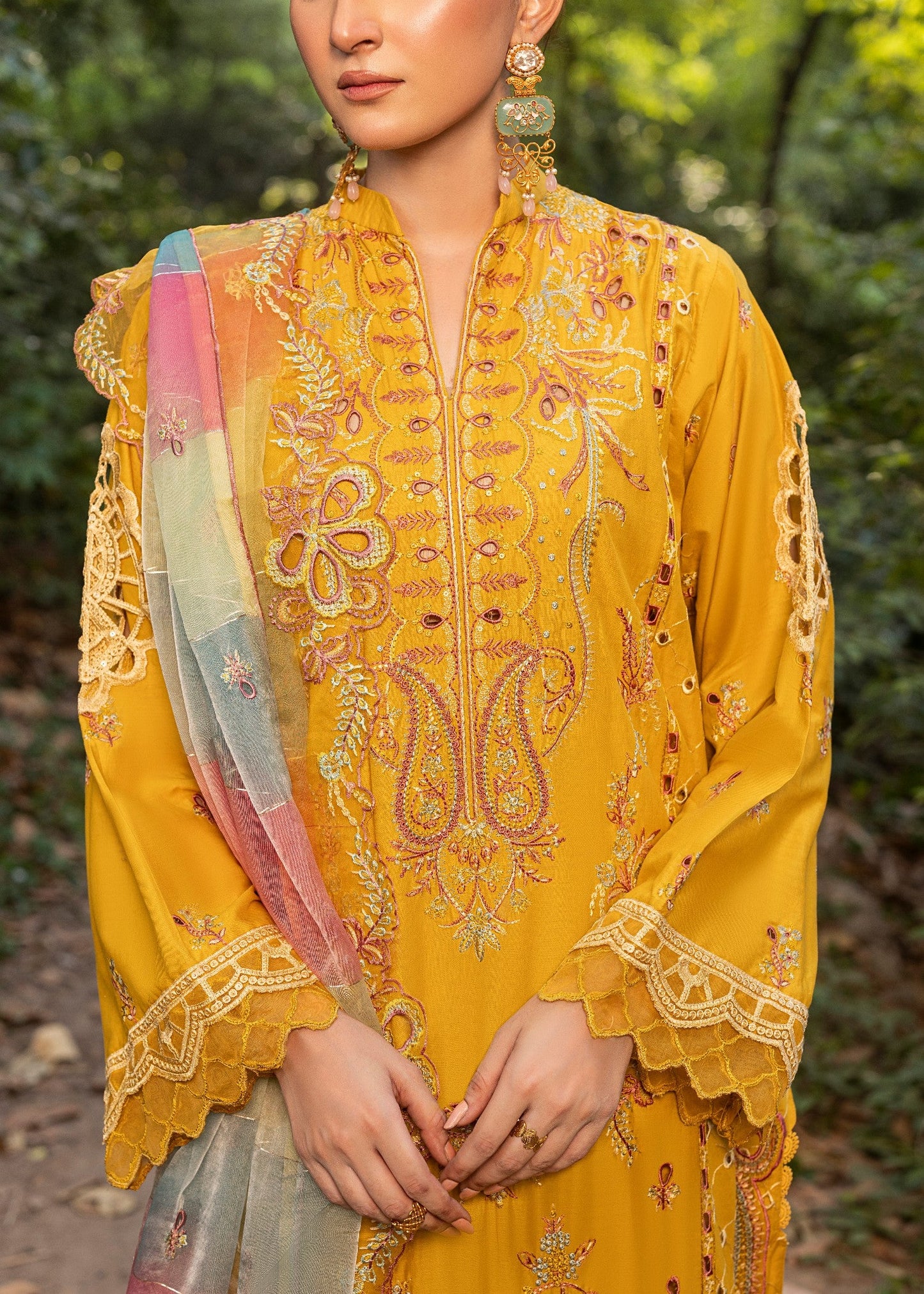 Mustard Embroidered Lawn Partywear Suit Online in Dubai DXB UAE Abudhabi Meena Bazaar