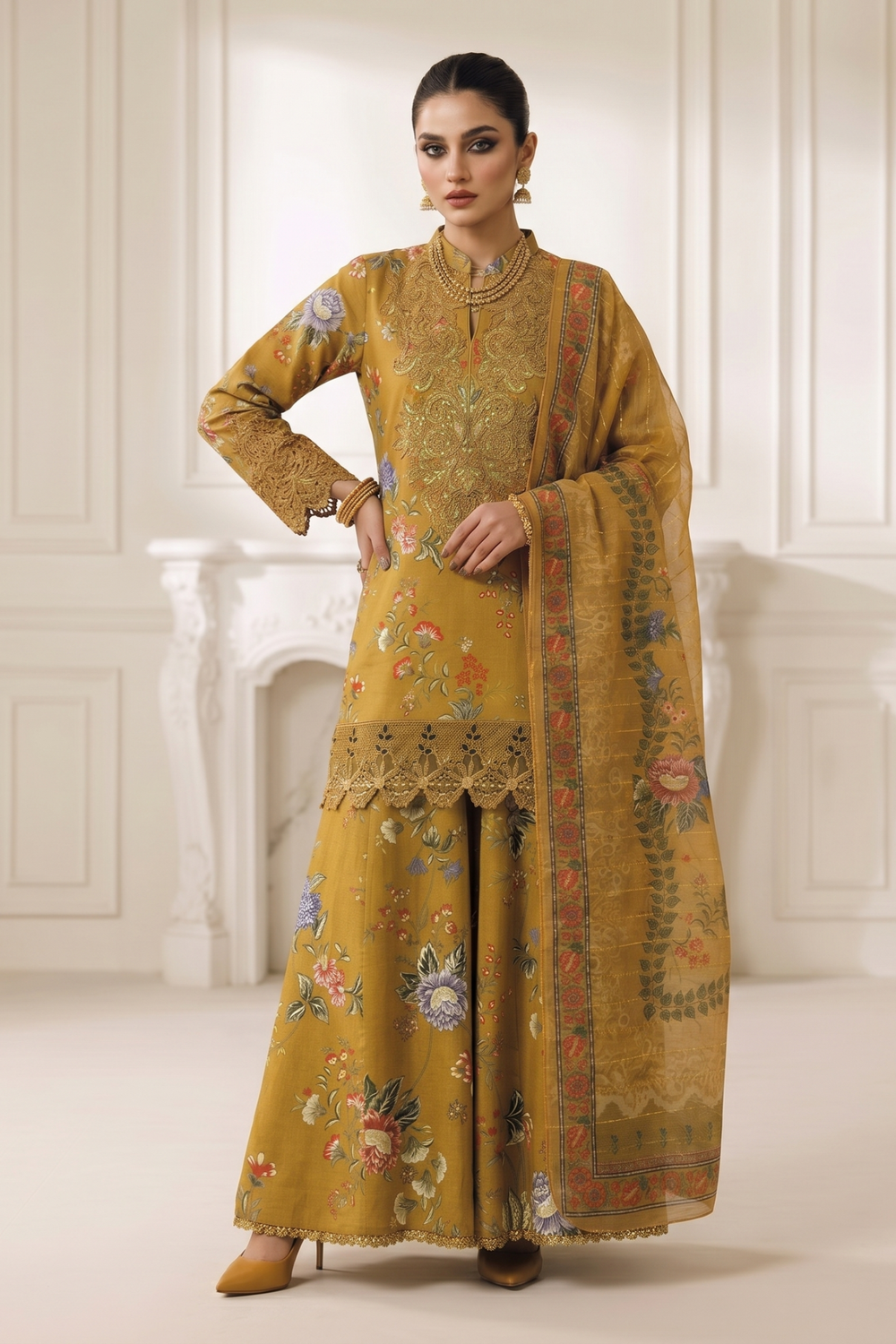 Mustard Embroidered Lawn Sharara Suit Online in Dubai UAE Abudhabi Ajman Sharjah