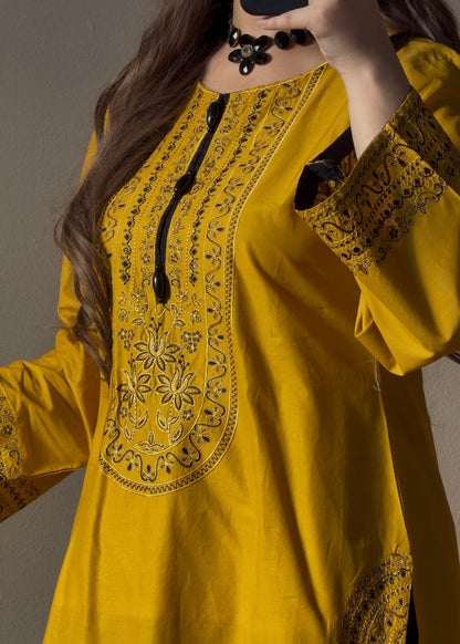 Mustard Embroidered Lawn Straight Cut Kurta Farshi Shalwar Online in Dubai UAE Abudhabi Ajman Sharjah