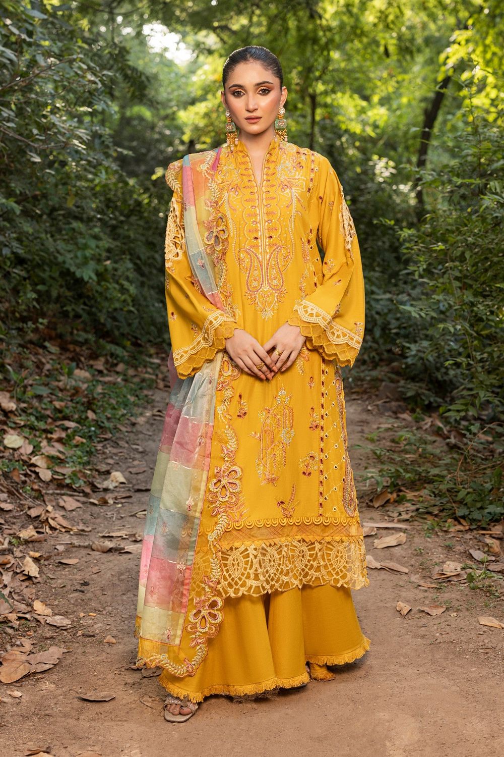 Mustard Embroidered Lawn Straight Kurta Plazzo Suit Online in Dubai UAE Abudhabi Ajman Sharjah