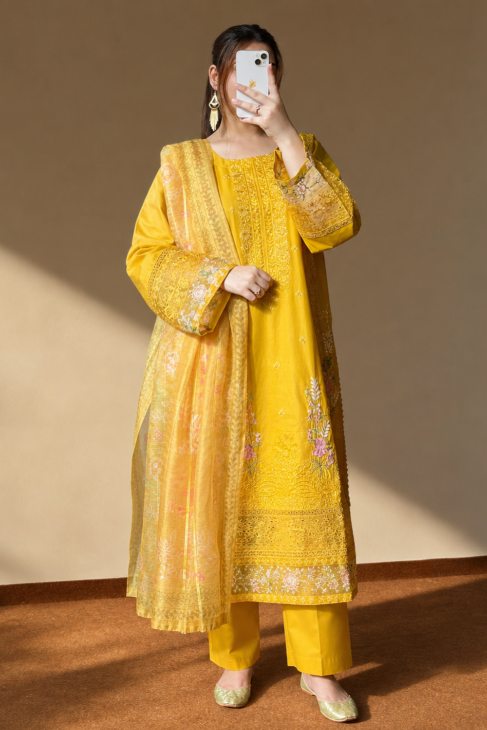 Mustard Embroidered Lawn Suit Online in Dubai UAE Abudhabi Ajman Sharjah