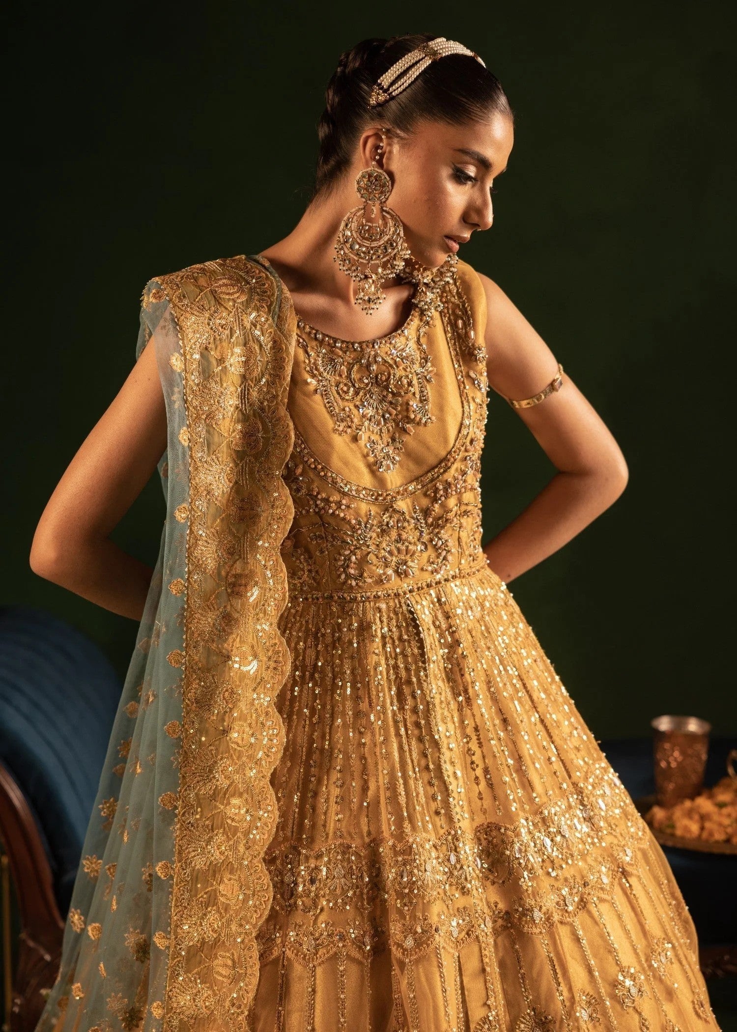 Mustard Embroidered Net Pakistani Wedding Wear Online in Dubai DXB UAE Abudhabi Meena Bazaar