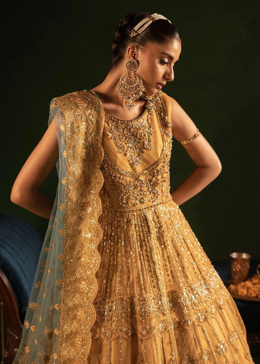 Mustard Embroidered Net Pakistani Wedding Wear Online in Dubai DXB UAE Abudhabi Meena Bazaar