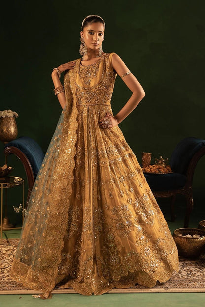 Mustard Embroidered Net Wedding Guest Suit Online in Dubai UAE Abudhabi Ajman Sharjah
