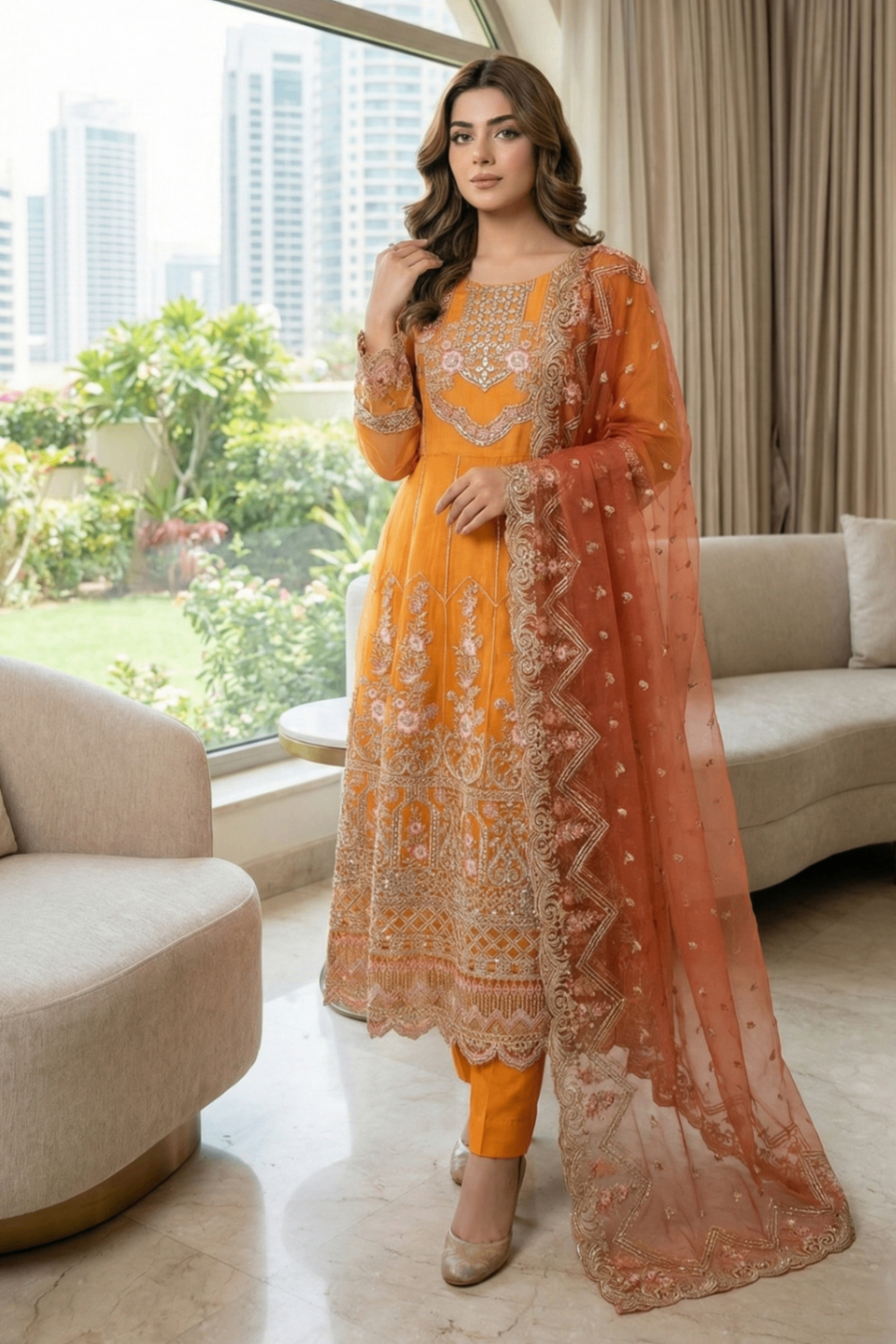 Mustard Embroidered Organza Festive Pishwas Suit Online in Dubai UAE Abudhabi Ajman Sharjah