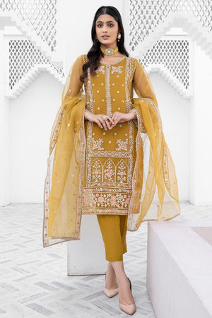 Mustard Embroidered Organza Festive Wear Suit Online in Dubai UAE Abudhabi Ajman Sharjah