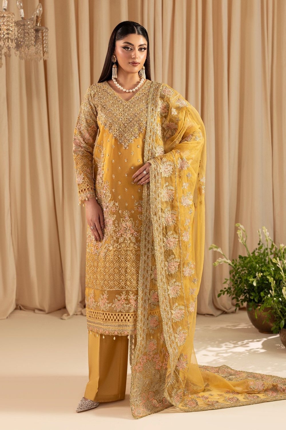 Mustard Embroidered Organza Festive Wear Suit Online in Dubai UAE Abudhabi Ajman Sharjah