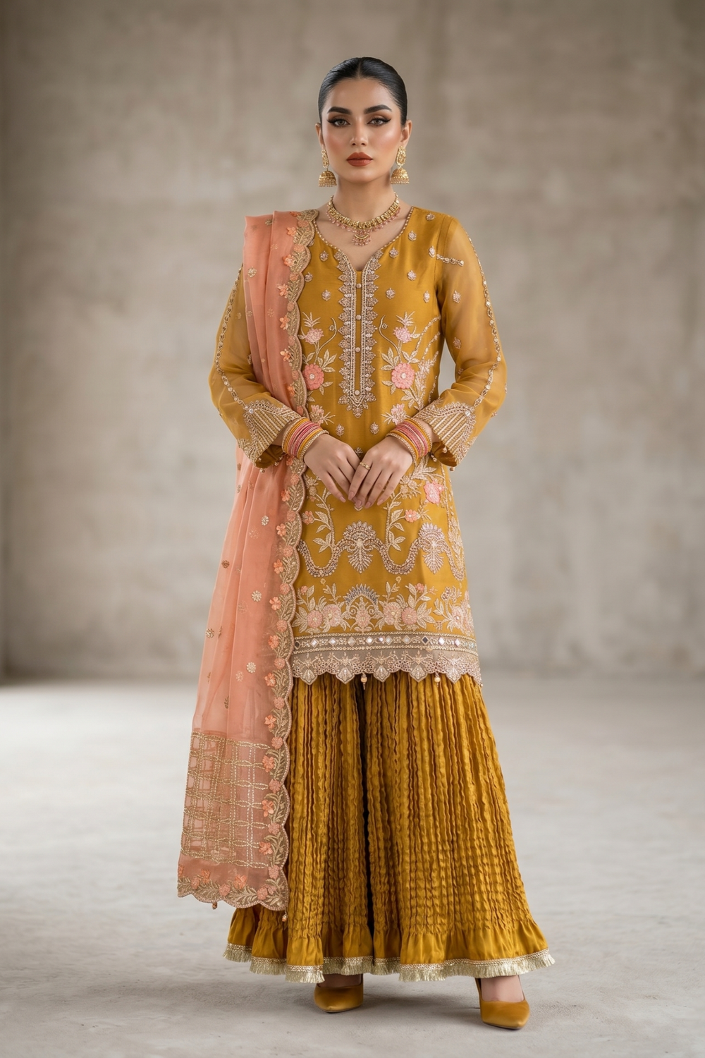 Mustard Embroidered Organza Gharara Suit Online in Dubai UAE Abudhabi Ajman Sharjah