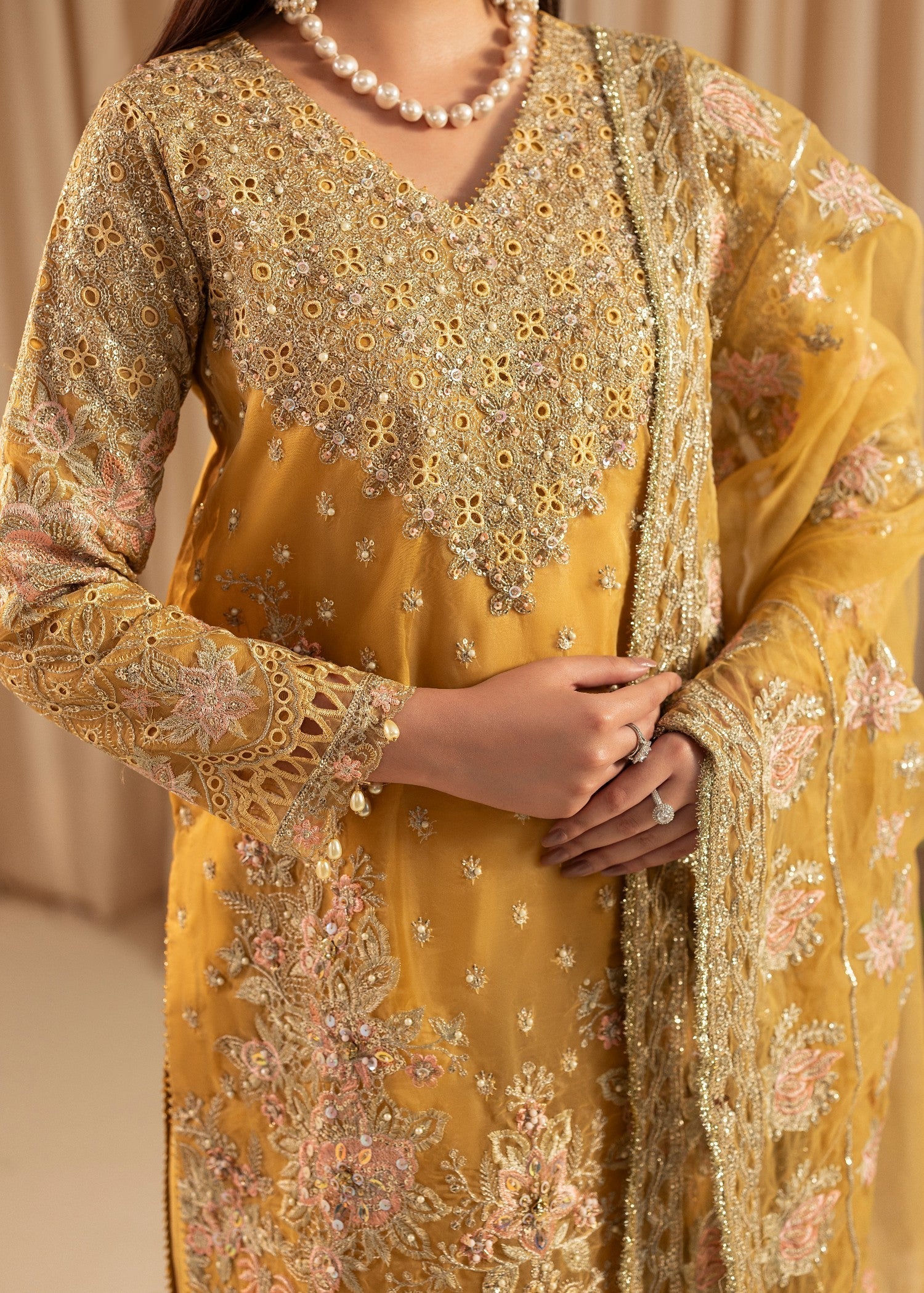 Mustard Embroidered Organza Party Wear Suit Online in Dubai DXB UAE Abudhabi Meena Bazaar
