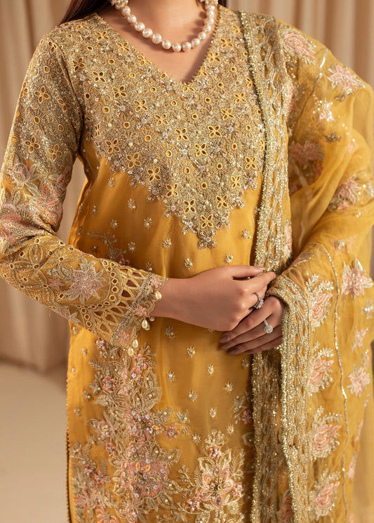 Mustard Embroidered Organza Party Wear Suit Online in Dubai DXB UAE Abudhabi Meena Bazaar