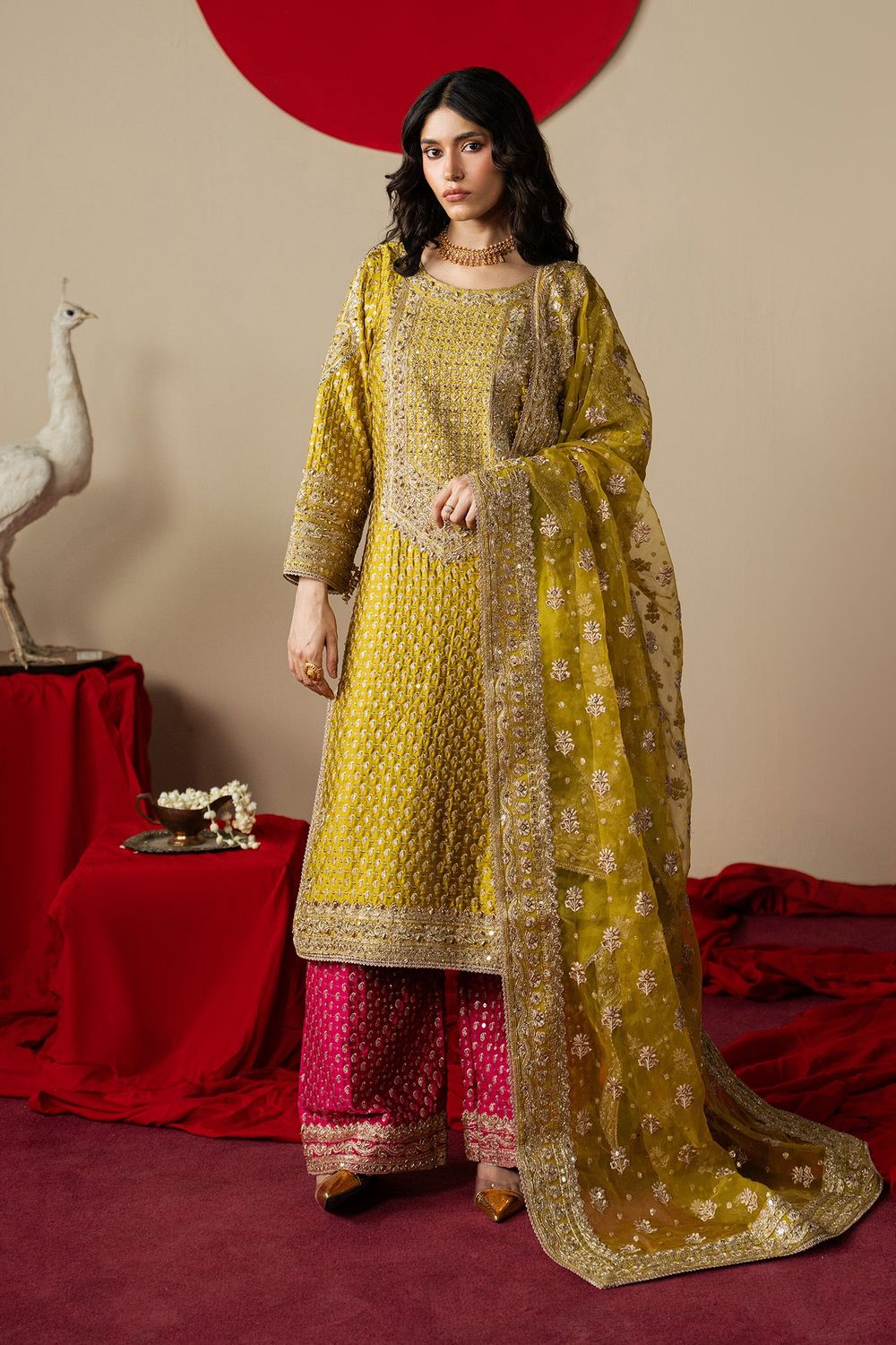 Mustard Embroidered Organza Wedding Suit Online in Dubai UAE Abudhabi Ajman Sharjah