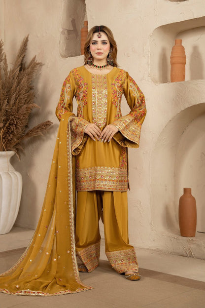 Mustard Embroidered Pure Shamoz Silk Suit Online in Dubai UAE Abudhabi Ajman Sharjah