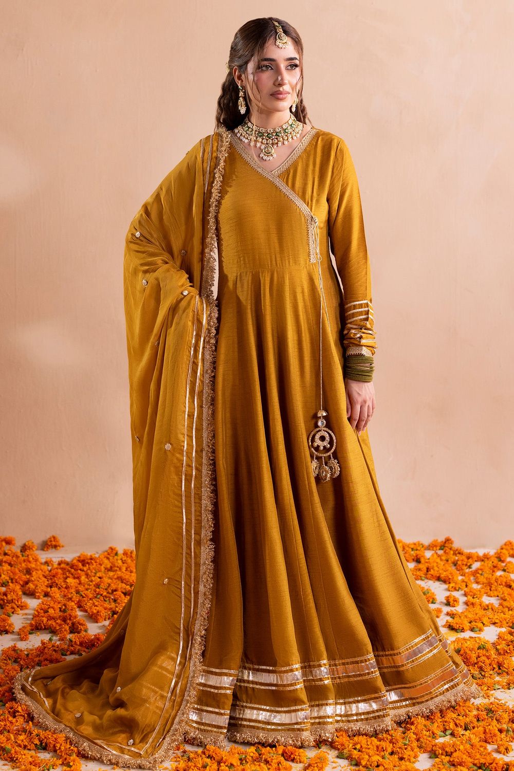 Mustard Embroidered Raw Silk Angrakha Suit Online in Dubai UAE Abudhabi Ajman Sharjah