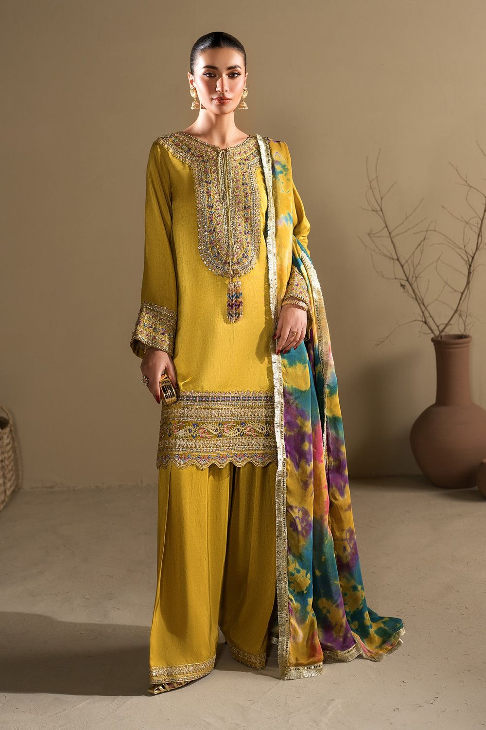 Mustard Embroidered Raw Silk Farshi Shalwar Suit Online in Dubai UAE Abudhabi Ajman Sharjah