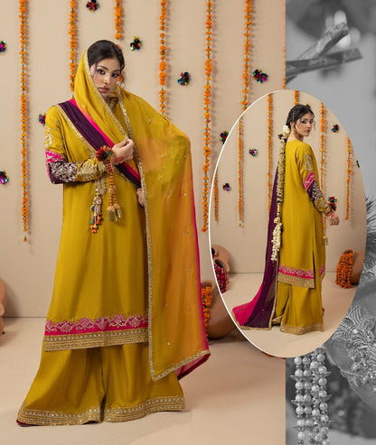 Mustard Embroidered Raw Silk Festive Suit Online in Sri Lanka India Australia