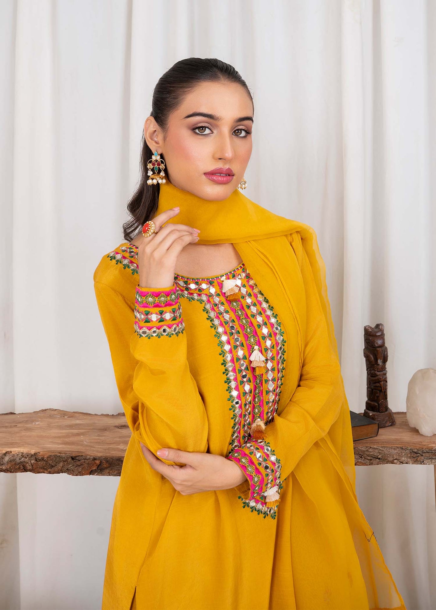 Mustard Embroidered Raw Silk Pakistani Outfit Online in Dubai DXB UAE Abudhabi Meena Bazaar