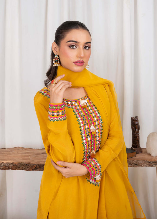 Mustard Embroidered Raw Silk Pakistani Outfit Online in Dubai DXB UAE Abudhabi Meena Bazaar
