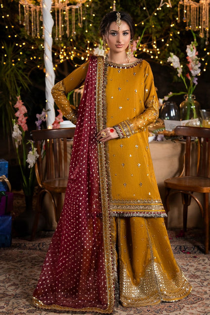 Mustard Embroidered Raw Silk Sharara Suit Online in Dubai UAE Abudhabi Ajman Sharjah