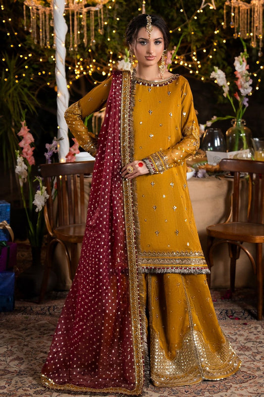 Mustard Embroidered Raw Silk Sharara Suit Online in Dubai UAE Abudhabi Ajman Sharjah