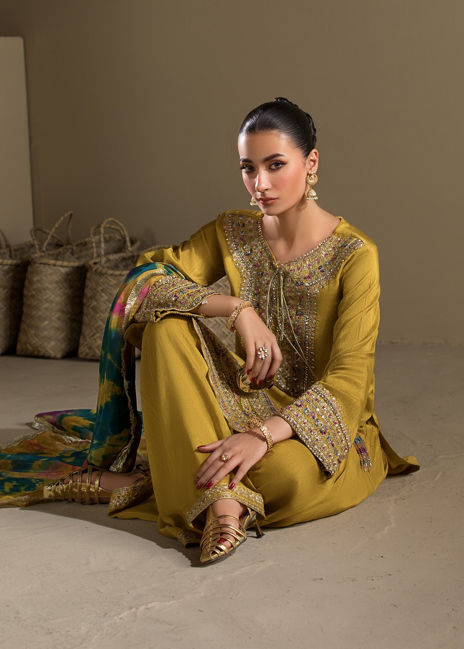 Mustard Farshi Shalwar Embroidered Raw Silk Partywear Online in Dubai UAE Abudhabi Ajman Sharjah