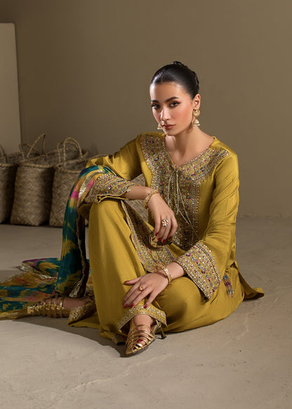 Mustard Farshi Shalwar Embroidered Raw Silk Partywear Online in Dubai UAE Abudhabi Ajman Sharjah