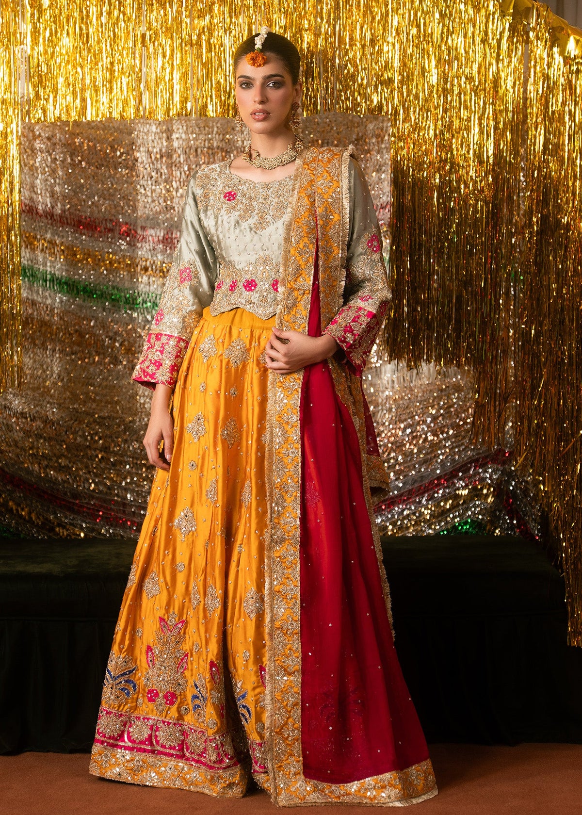 Mustard Flared Lehenga with Sage Green Choli and Red Dupatta Online in KSA Riyadh Saudi Arabia Oman Bahrain Qatar