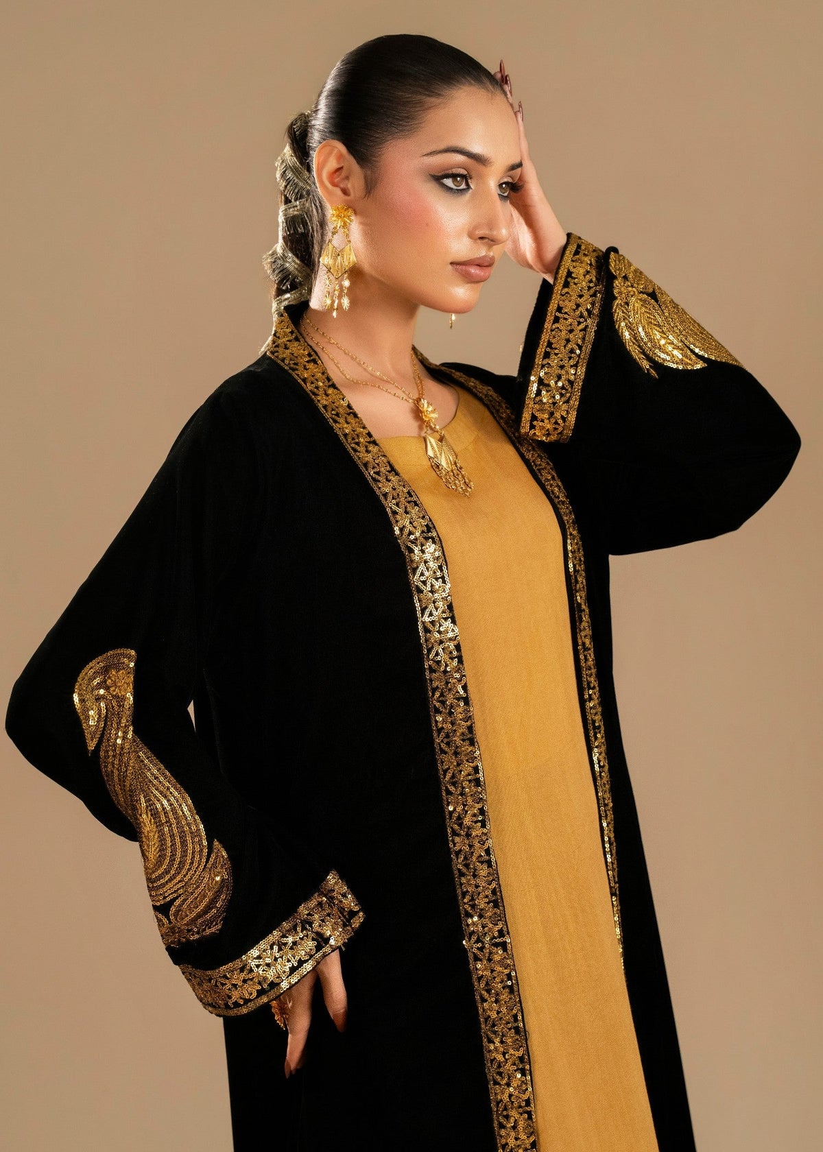 Mustard Gold and Black Velvet Pakistani Designer Suits Online in Sri Lanka India Australia