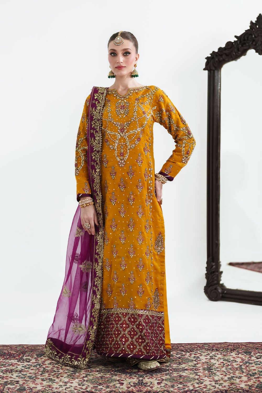 Mustard Gold Embellished Chiffon Salwar Kameez Online in Dubai UAE Abudhabi Ajman Sharjah