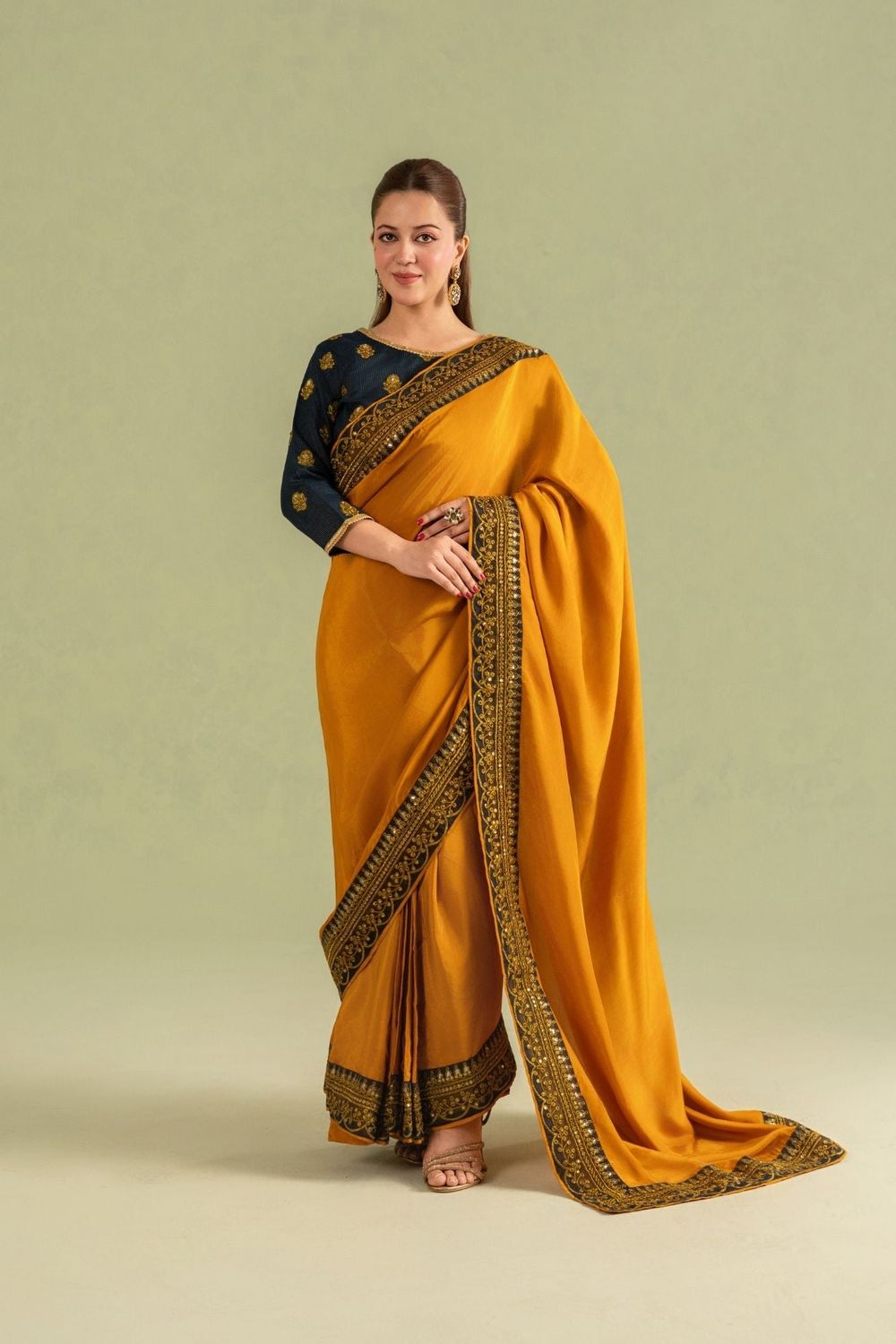 Mustard Gold Embroidered Georgette Saree with Belt Online in Dubai UAE Abudhabi Ajman Sharjah