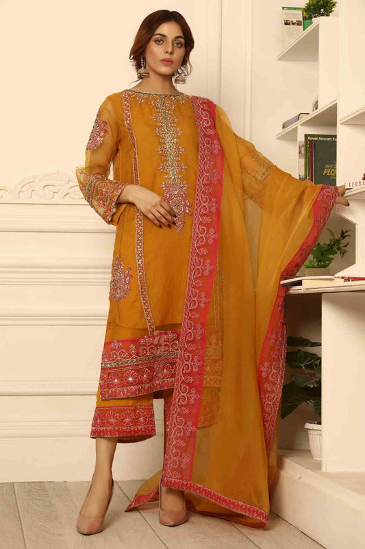 Mustard Hand Embroidered Organza Festive Suit Online in Dubai UAE Abudhabi Ajman Sharjah