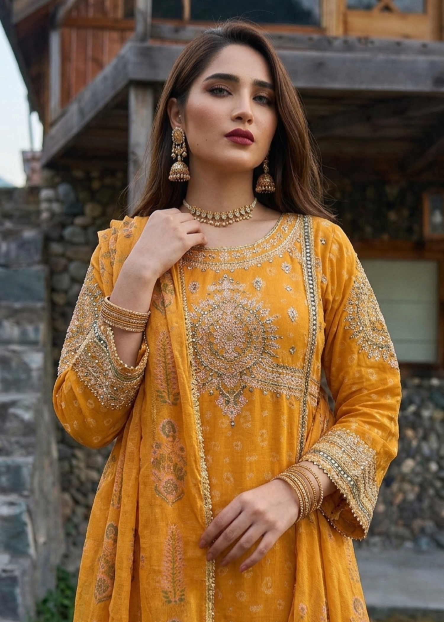 Mustard Jacquard Embroidered Ladies Salwar Kameez Online in Dubai UAE Abudhabi Ajman Sharjah