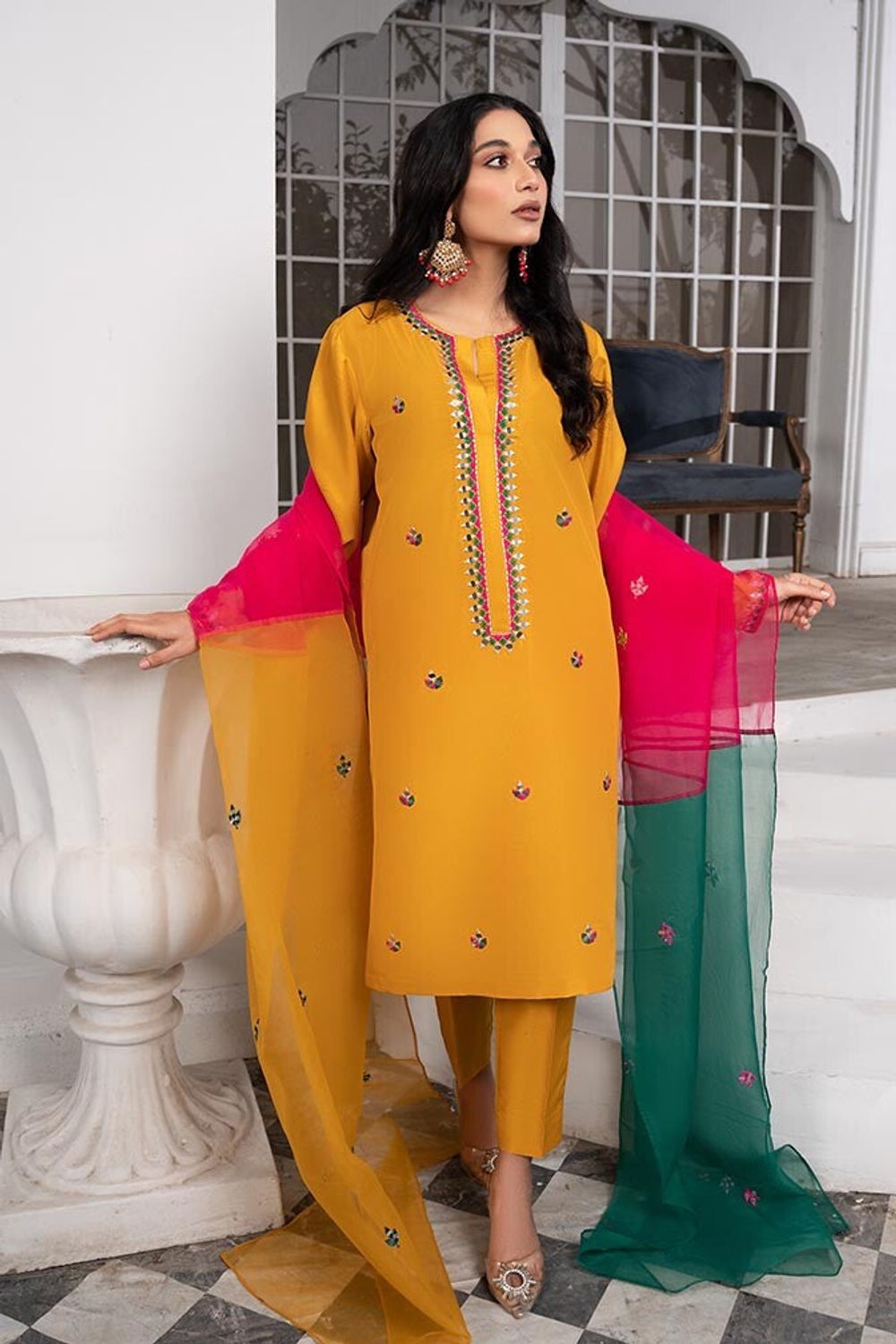 Mustard Kattan Silk Mirror Work Festive Wear Suit Online in Dubai UAE Abudhabi Ajman Sharjah