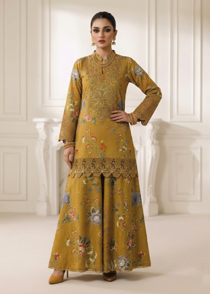 Mustard Lawn Sharara Dupatta Set Online in Dubai UAE Abudhabi Ajman Sharjah
