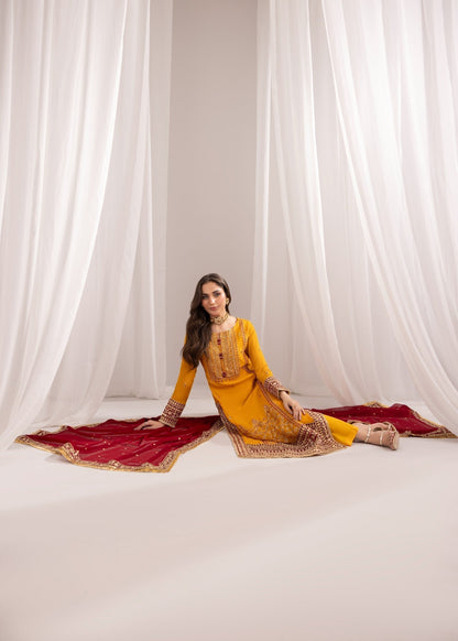 Mustard Maroon Embroidered Crinkle Chiffon Partywear Outfit Online in Sri Lanka India Australia