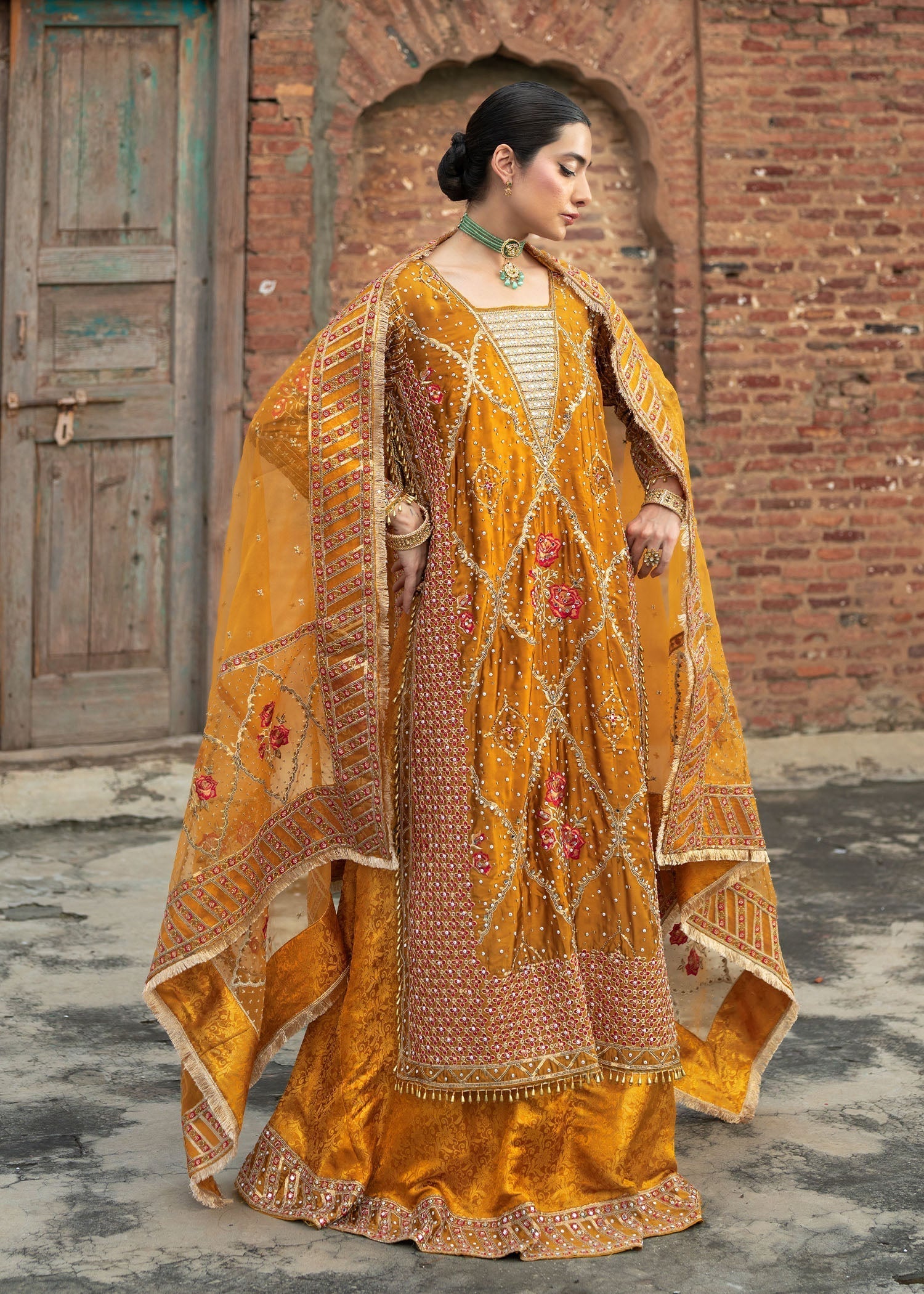 Mustard Organza Dupatta Lehenga Suit Online in Dubai UAE Abudhabi Ajman Sharjah