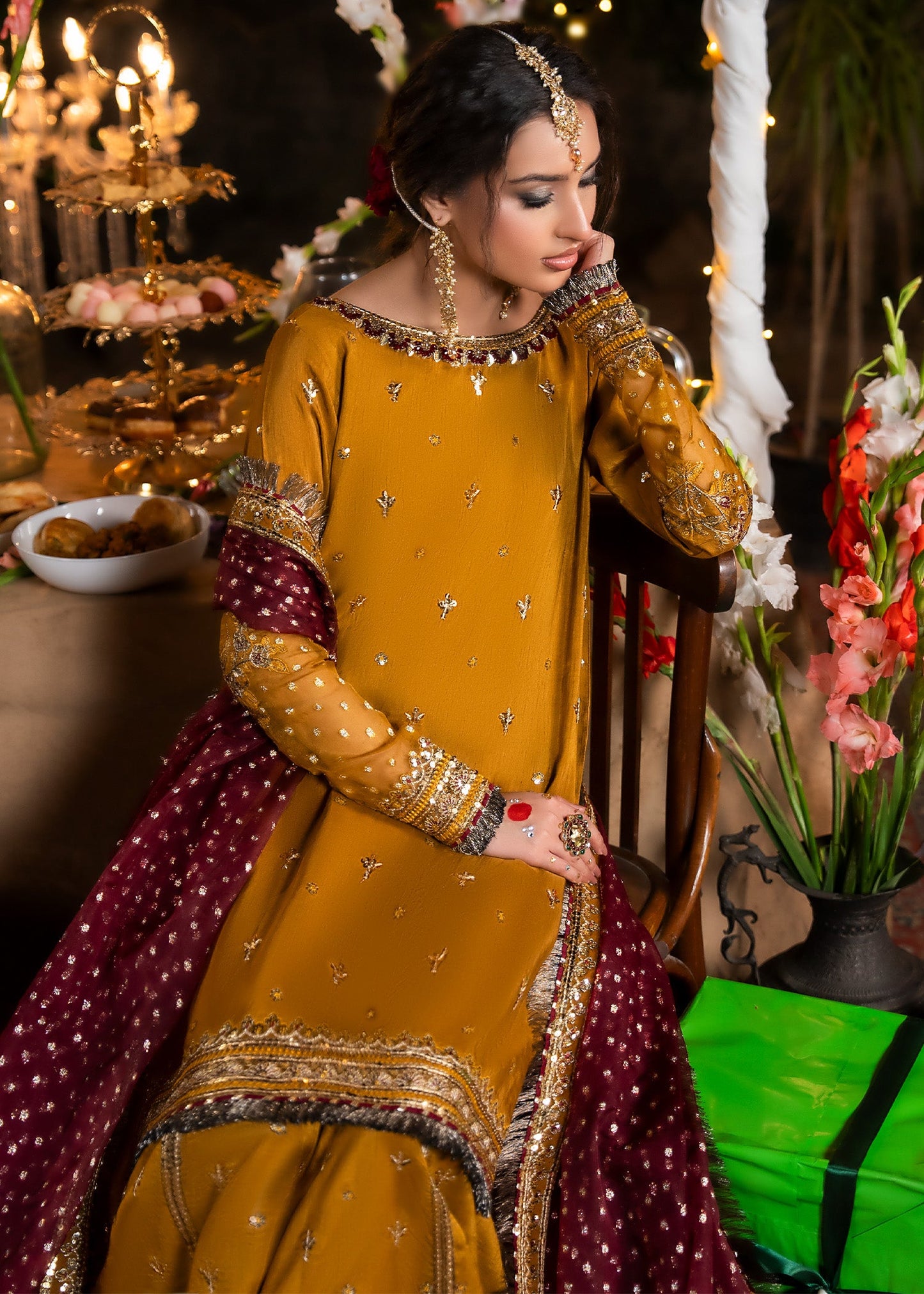 Mustard Organza Dupatta Sharara Set Online in UK USA Canada