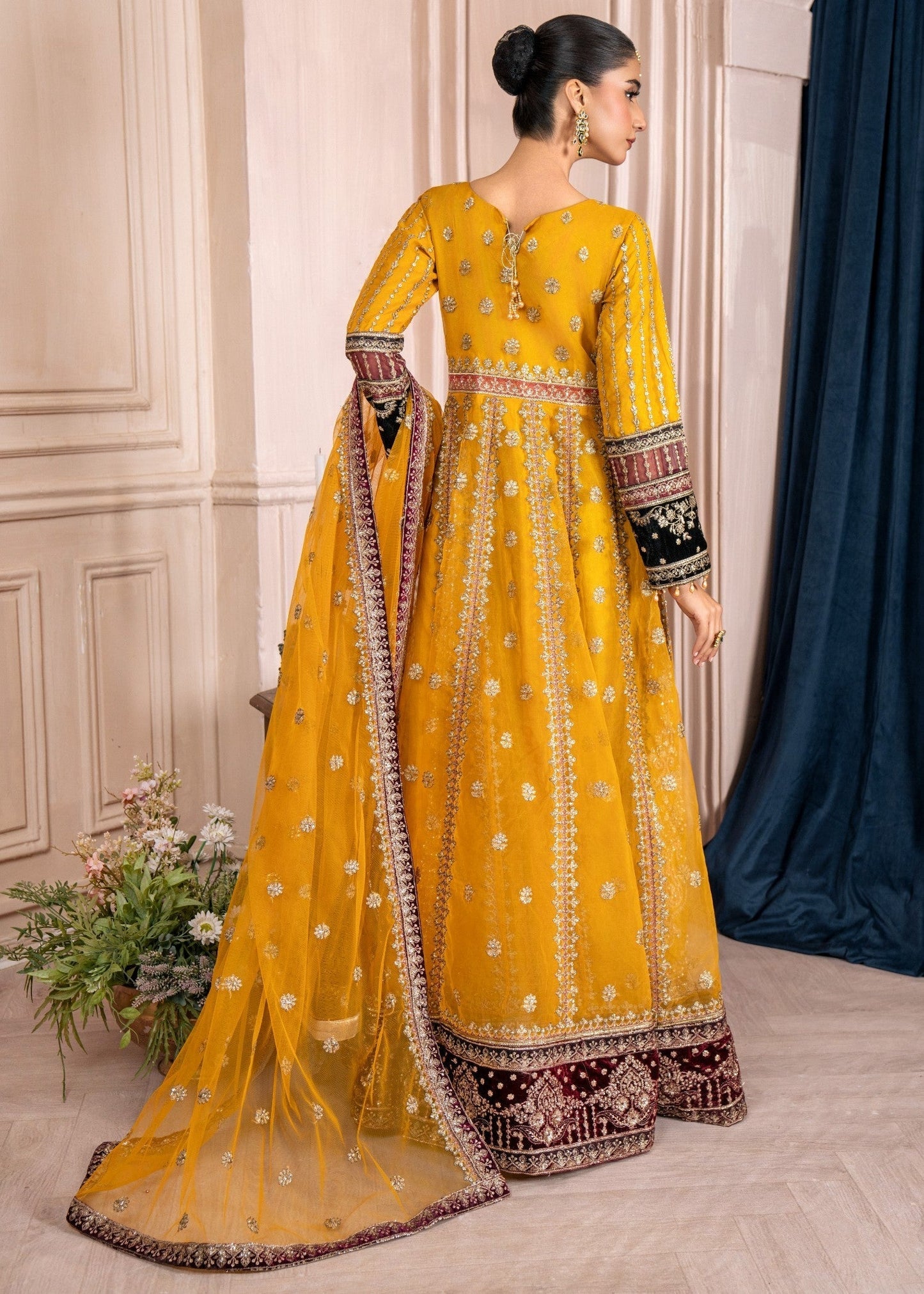 Mustard Organza Embroidered 3 Piece Suit Online in Dubai DXB UAE Abudhabi Meena Bazaar