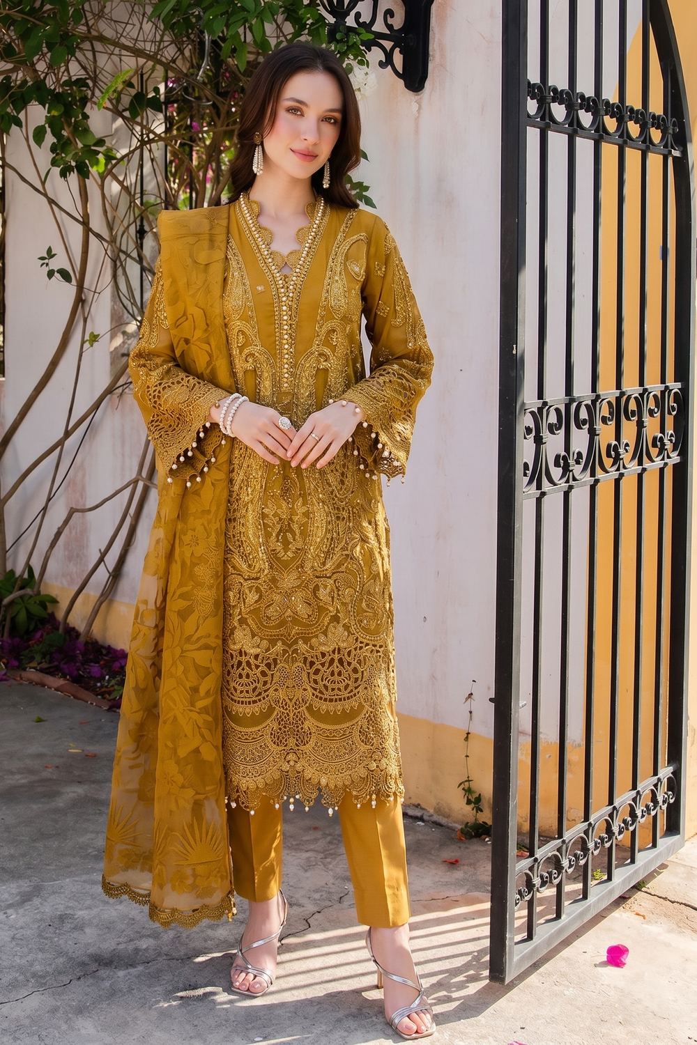 Mustard Organza Ready to Wear Salwar Kameez Online in Dubai UAE Abudhabi Ajman Sharjah
