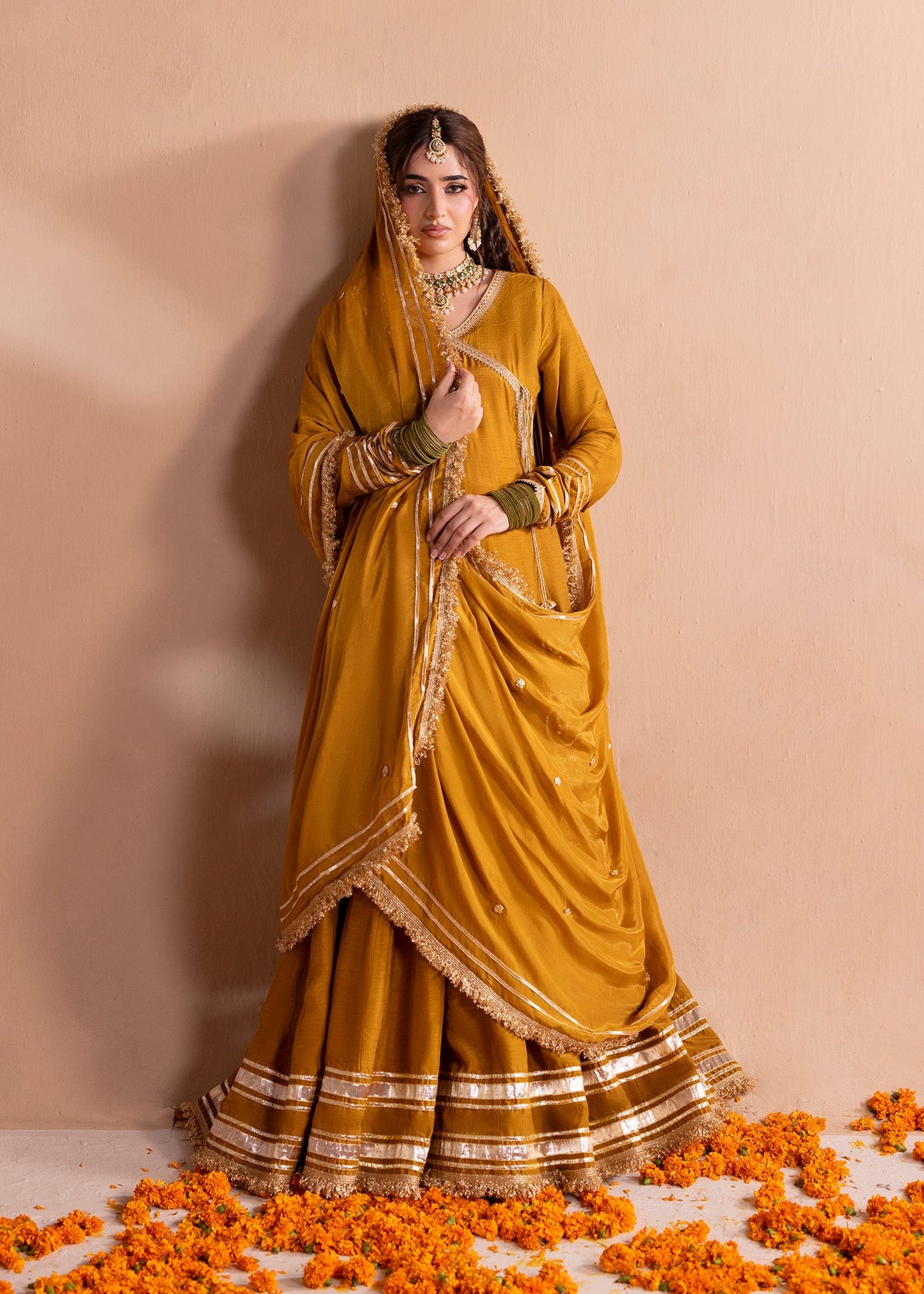 Mustard Raw Silk Angrakha Pakistani Partywear Suit Online in Dubai UAE Abudhabi Ajman Sharjah