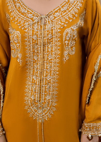 Mustard Raw Silk Embellished Kurta Set Online in KSA Riyadh Saudi Arabia Oman Bahrain Qatar