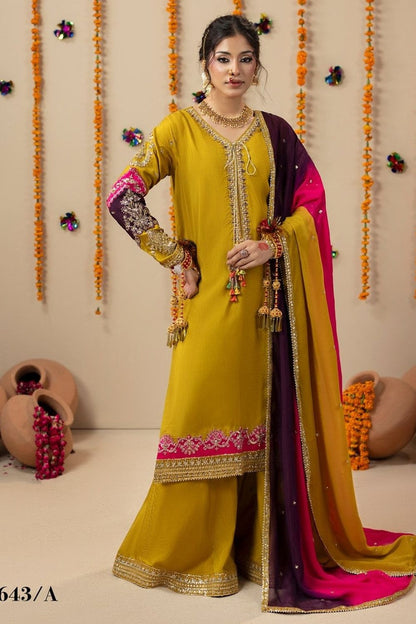 Mustard Raw Silk Embroidered Pakistani Suit Online in Dubai UAE Abudhabi Ajman Sharjah