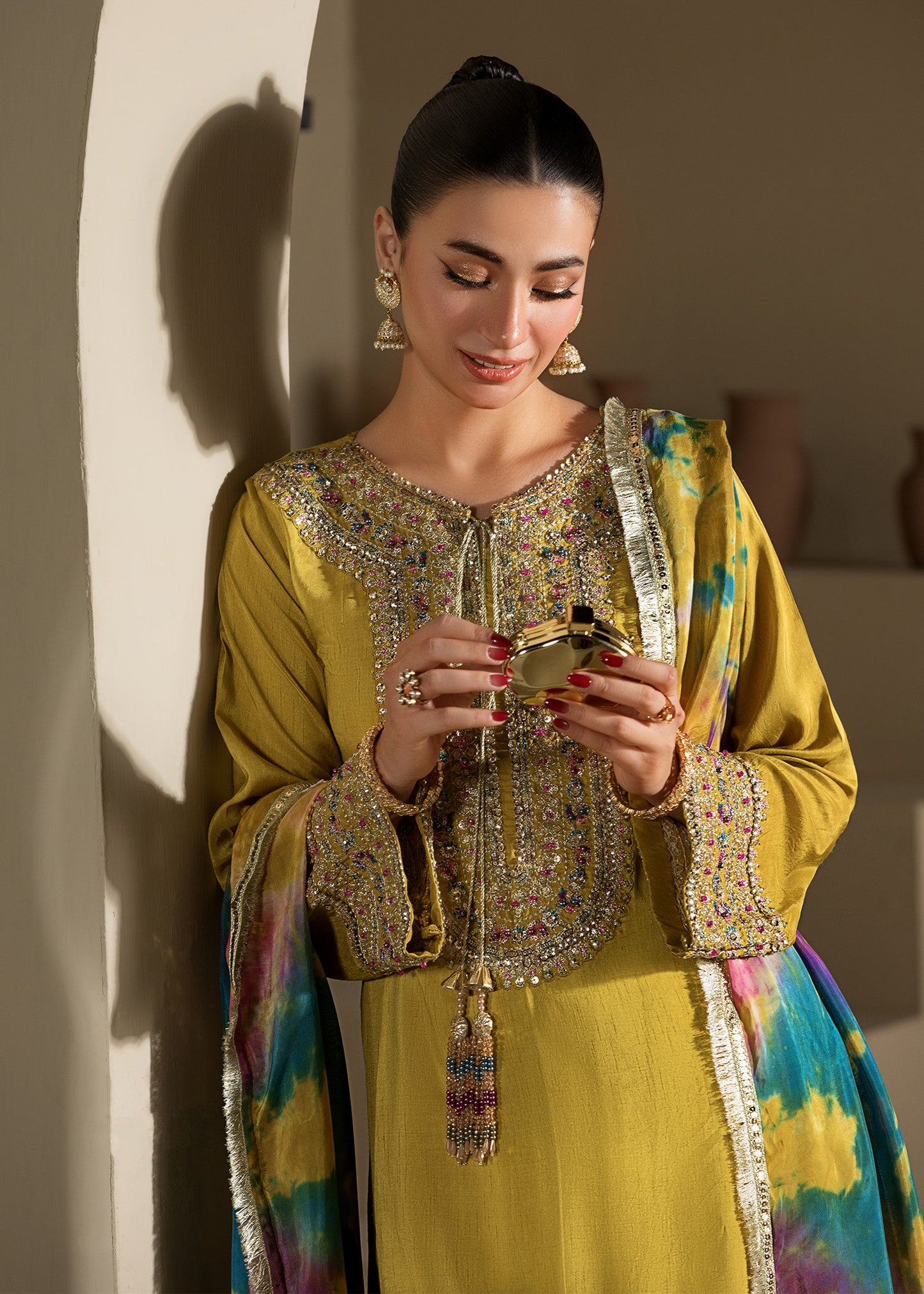 Mustard Raw Silk Farshi Shalwar Embellished Dress Online in UK USA Canada