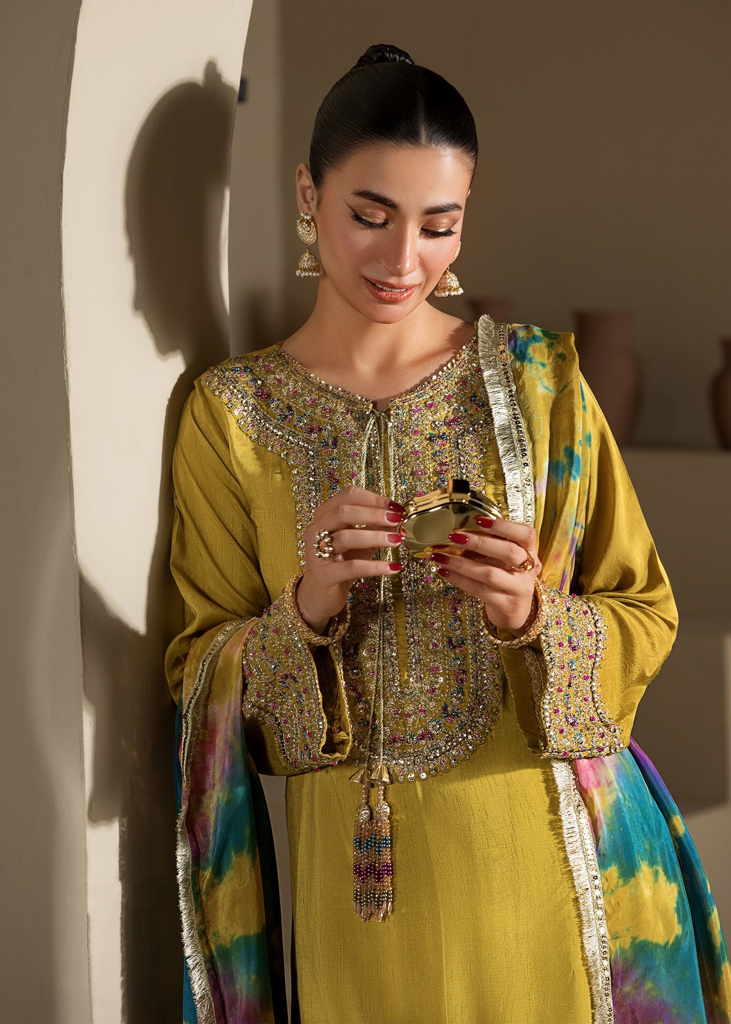 Mustard Raw Silk Farshi Shalwar Embellished Dress Online in UK USA Canada