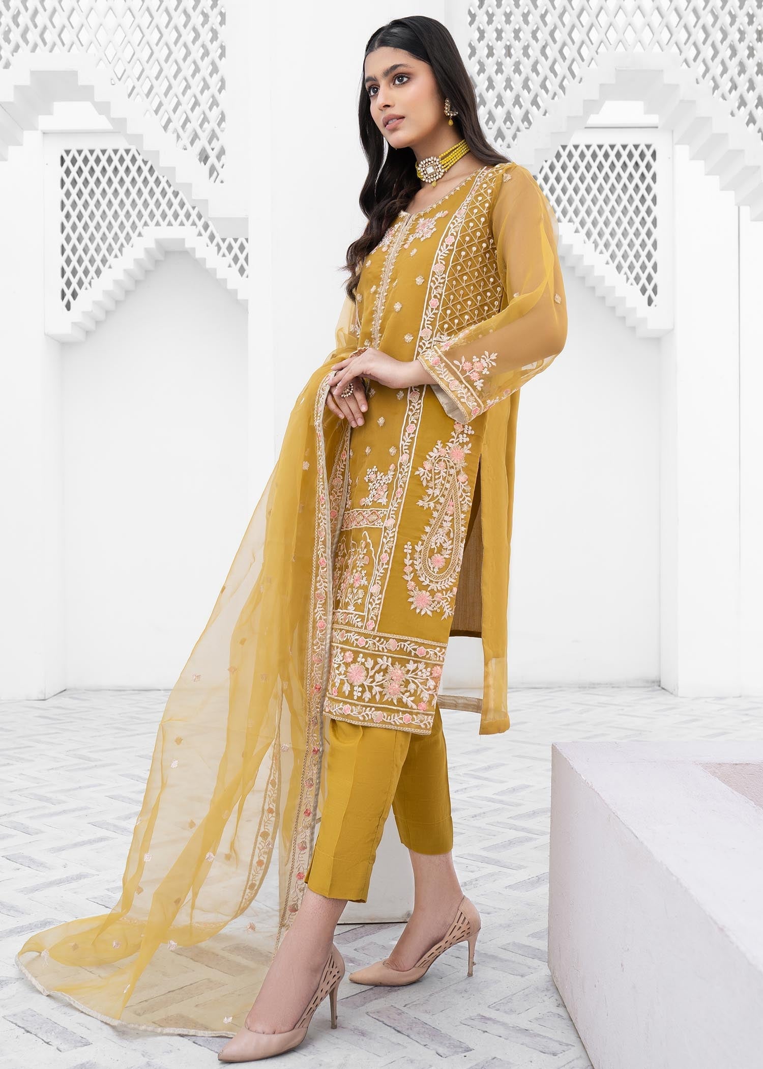 Mustard Resham Embroidered Pakistani Outfit Online in Dubai DXB UAE Abudhabi Meena Bazaar