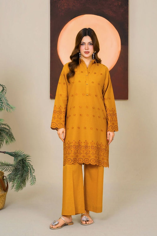 Mustard Schiffli Embroidered Cambric Kurta Set Online in Dubai UAE Abudhabi Ajman Sharjah